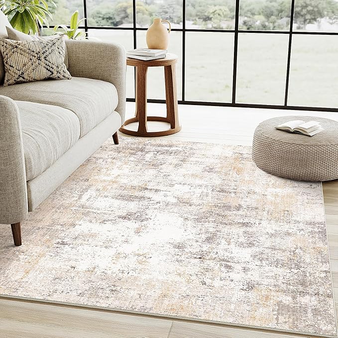 4x5 Washable Area Rug Beige Grey Neutral Abstract Entryway Kitchen Non Slip Low Pile Throw Rug Living Room Bedroom Indoor Doormat Soft Carpet for Entrance Bathroom Office