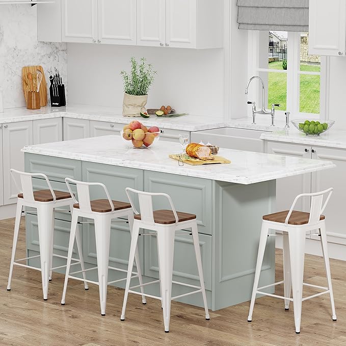 Yongchuang 24 inch Barstools Set of 4 Counter Height Bar Stools Farmhouse Kitchen Metal Bar Chairs with Wood Seat Low Back Cream White