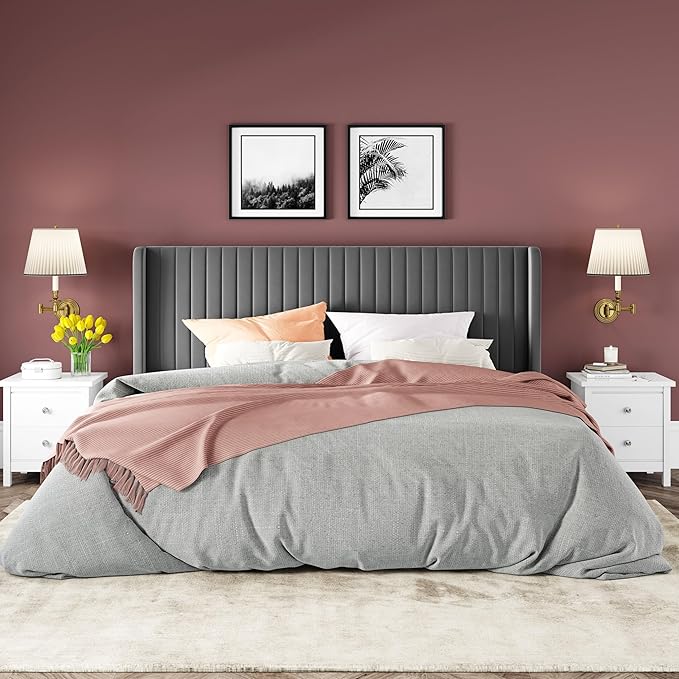 Allewie King Size Velvet Bed Frame/Vertical Channel Tufted Wingback Headboard/Upholstered Platform Bed/No Box Spring Needed/Strong Wooden Slats/Easy Assembly/Grey