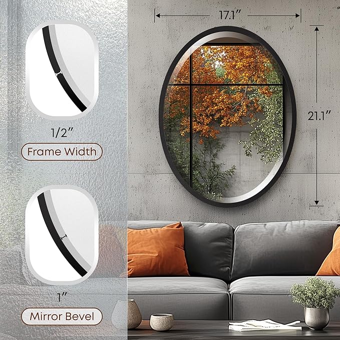 OVALCREST - Oval Wooden Beveled Wall Mirror for Home Decor, Bathroom, Vanity, Bedroom, Living Room, Hallway - London Style (Matte Black) 17.1 x 21.1