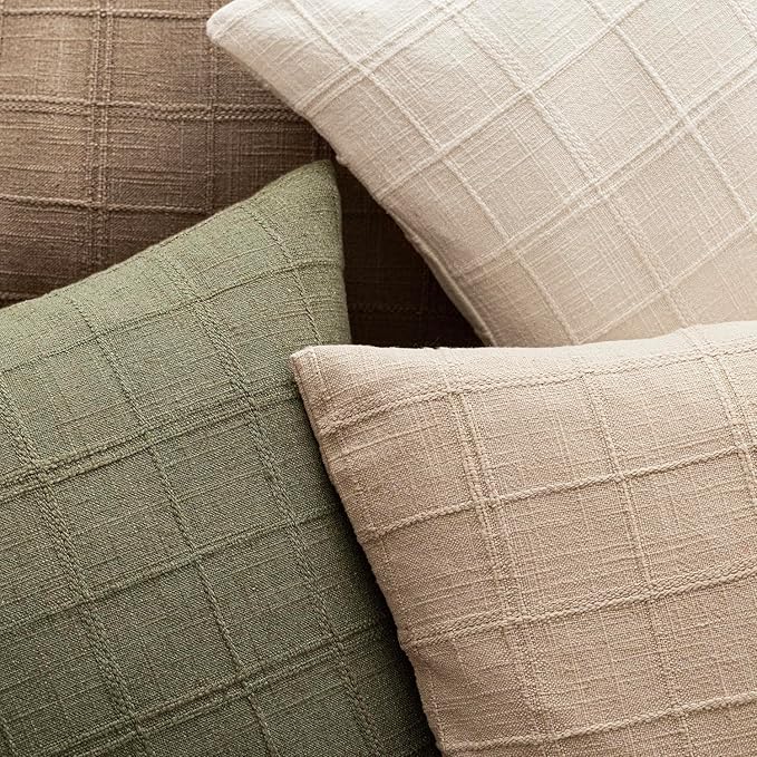 Foindtower Set of 2 Decorative Linen Check Throw Pillow Covers Neutral Farmhouse Vintage Cushion Covers Modern Boho Home Decor for Sofa Chair Couch Bedroom Living Room Outdoor,24×24 Inch,Sage Green