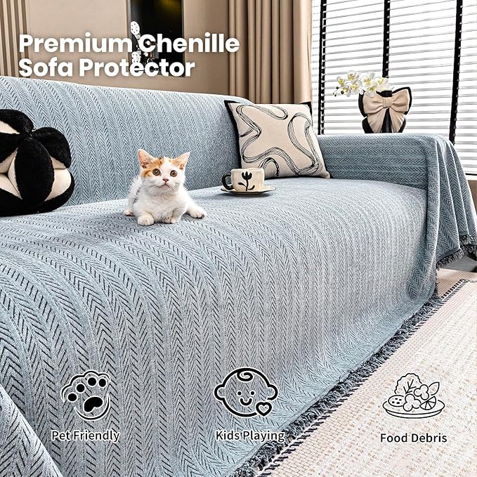Nobildonna Sofa Cover Washable Soft Thicken Chenille Couch Cover with Tassel,Waterproof Sofa Slipcovers for 2 Cushion Couch,Loveseat,Futon Couch Furniture Protector Pet-Friendly,Dusty Blue 71"x102"
