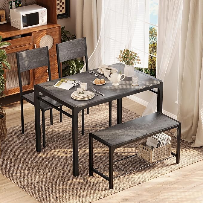 Shahoo Kitchen Table and 2 Chairs for 4 with Bench, 4 Piece Dining Sets for Small Space, Grey Wash
