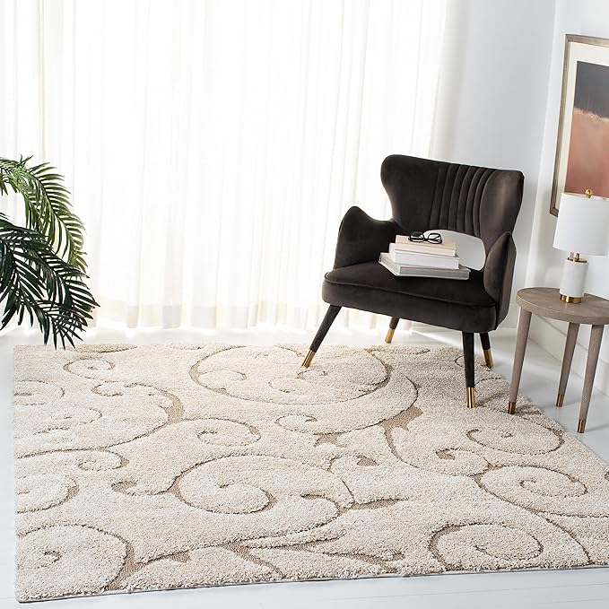 SAFAVIEH Florida Shag Collection Area Rug - 8' Square, Cream & Beige, Scroll Design, Non-Shedding & Easy Care, 1.2-inch Thick Ideal for High Traffic Areas in Living Room, Bedroom (SG455-1113)