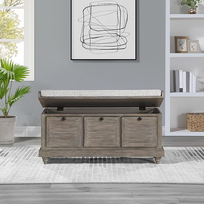 OSP Home Furnishings Dover Coastal Lift-Top Storage Bench with Shutter Face Styling, Goldstone Finish with Salt and Pepper Cushion