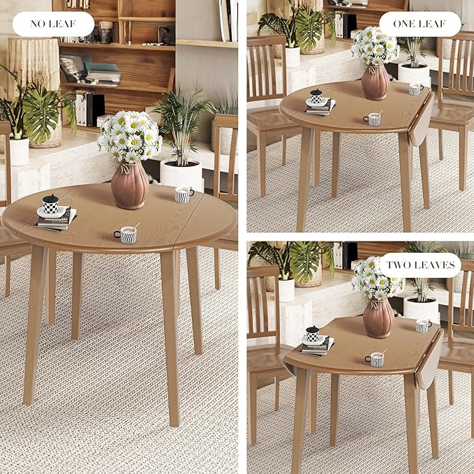 COLAMY 3-Piece Extendable Dining Table Set for 2, 36" Kitchen Round Wood Table with 2 Nailhead Dining Room Chairs,Light Brown/Boho