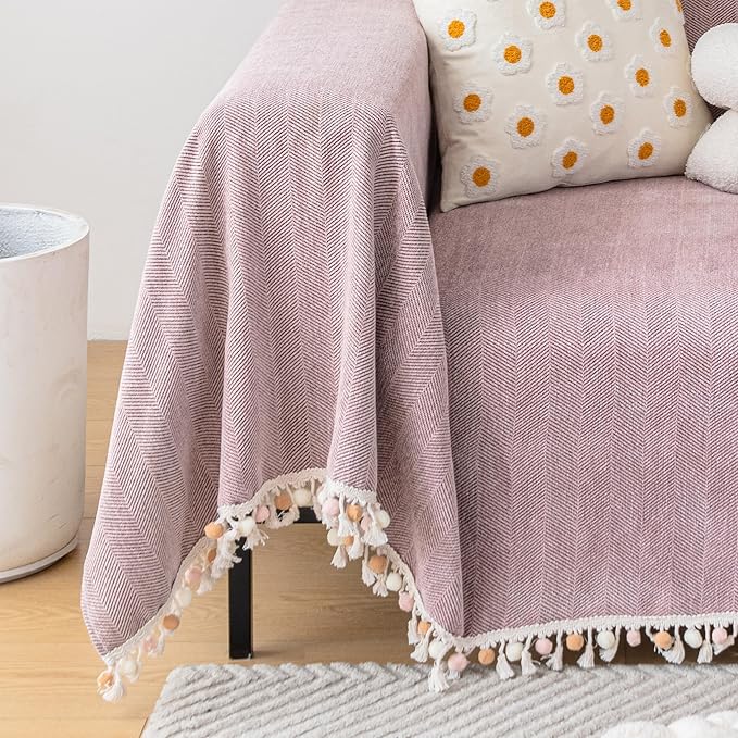 HANDONTIME Soild Couch Covers for Dogs Pink-Purple Sofa Covers Boho Cover for Sofa 3 Seats Chenille Sofa Throw Cover Mauve Sofa Covers for 3 Cushion Couch Tassel, Washable, Pet Friendly, 71" X118"