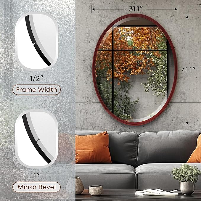 OVALCREST - Oval Wooden Beveled Wall Mirror for Home Decor, Bathroom, Vanity, Bedroom, Living Room, Hallway - London Style (Black Cherry) 31.1 x 41.1