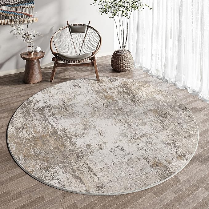 3x3 Washable Round Rug Brown Grey Neutral Abstract Entryway Non Slip Low Pile Area Rug Living Room Bedroom Indoor Doormat Small Soft Carpet for Entrance Bathroom Kitchen