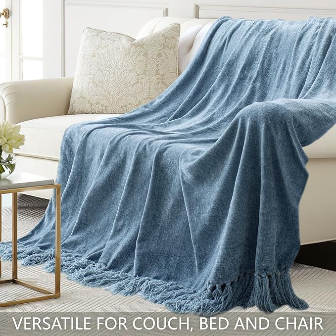 Chenille Throw Blanket for Couch 60"X 80" Twin, Soft Cozy Throws with Fringe Tassel for Bed Sofa Chair Cover, Lightweight Knitted Decorative Boho Blankets for Living Room, Dusty Blue