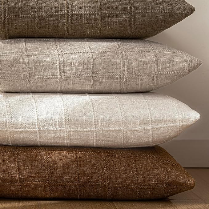 Foindtower Set of 2 Decorative Linen Check Throw Pillow Covers Neutral Farmhouse Vintage Cushion Covers Modern Boho Home Decor For Sofa Chair Couch Bedroom Living Room Outdoor,26×26 Inch,Natural Linen