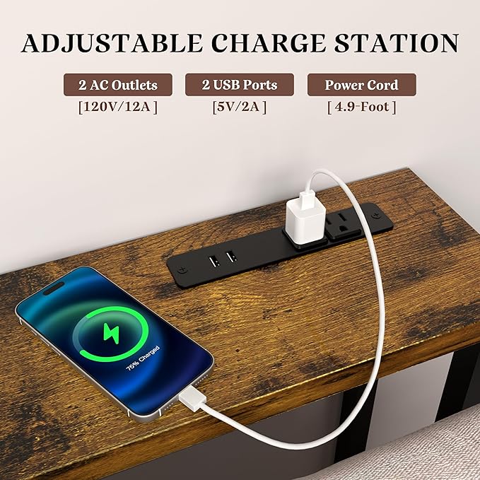 GRLEAF 63" Narrow Console Sofa Table with Built-in Power Strip (4 AC Outlets & 4 USB Ports) – 4.9ft Power Cord, Metal Frame, Easy Assembly, Ideal for Behind Couch, Hallway, and Office | Rustic Brown