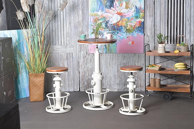 Topower Aged Antique Industrial Round Bottom Adjustable Height Cafe Coffee Retro Vintage Stylish Water Pipe Design Pub Kitchen Bar Stool (Antique White, Wooden Top)