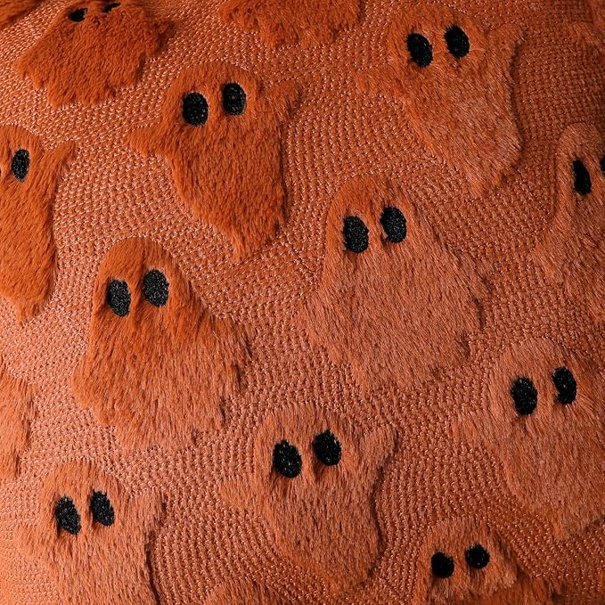 4TH Emotion Halloween Ghost Decorative Pillow Covers 16x16 Set of 2, Rust Red Soft Plush Faux Fur Farmhouse Throw Cushion Cases for Fall Autumn Holiday Home Decorations