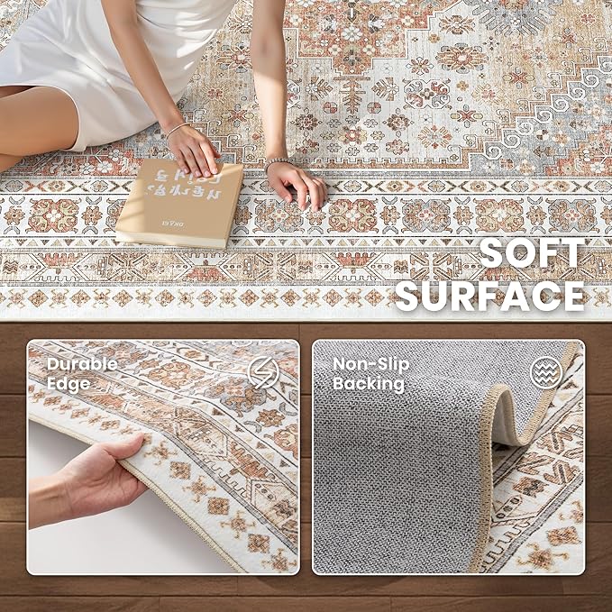 zesthome 6x9 Area Rug, Super Soft Washable Rugs for Living Room, Non-Slip Stain Resistant Vintage Rugs, Ultra-Thin Large Area Rugs (Orange,6'x9')