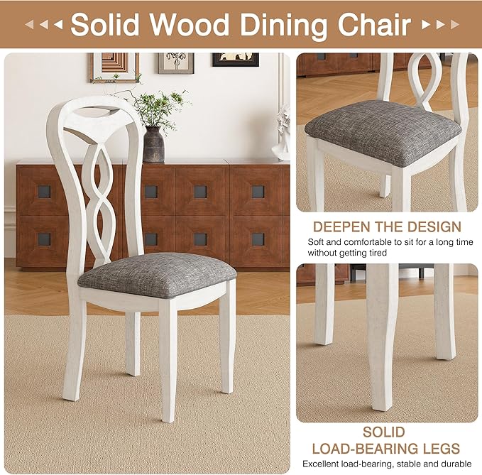 7-Piece Solid Wood Dining Table Set with 6 Upholstered Chairs - Easy Assembly Modern Design for Kitchen & Small Spaces, Durable Wooden Table and Chairs for Dining Room, Kitchen, Light Grey