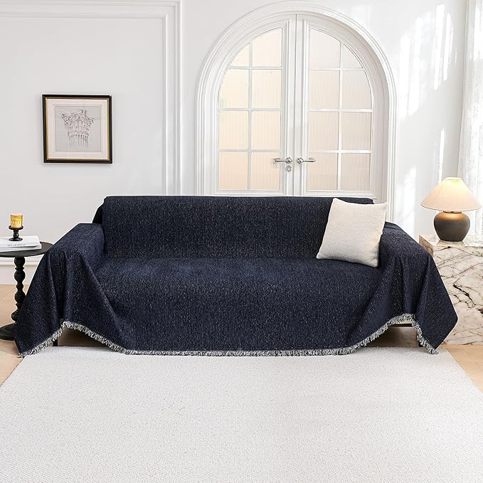 MYSKY HOME Sofa Covers Love Seat Couch Covers Couch Covers for Reclining Couches Couch Cover Sectional Washable Couch Cover with Tassels Sofa Protector for Kids, Dogs, Pets, 71"x118", Navy Blue