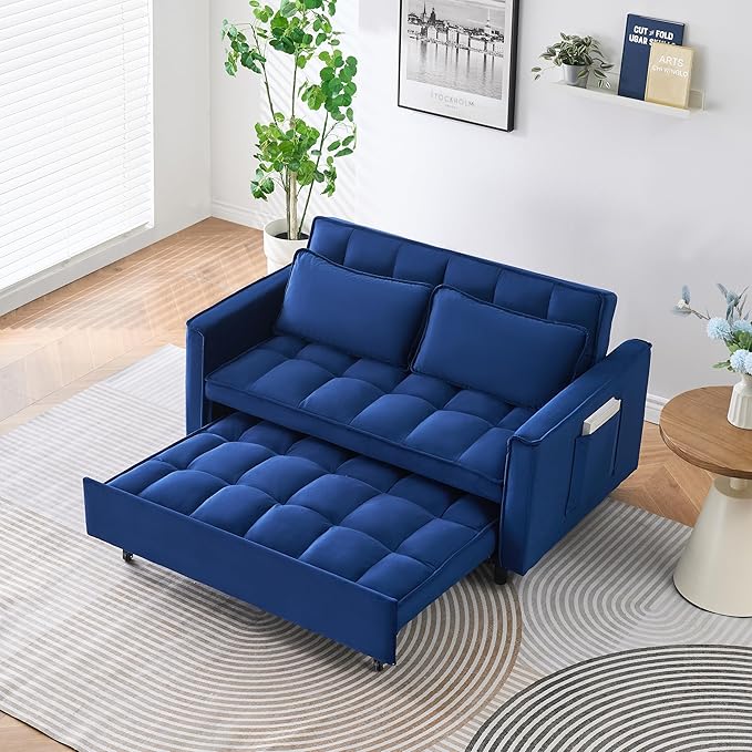 Ball & Cast 3 in 1 Convertible Sleeper Sofa Bed,Velvet Futon Couch with Pull-Out Bed,Convertible Pull Out Couches W/ 2 Pillows,Adjustable Backrest & Side Pocket,for Living Room,Apartment,Blue,55"