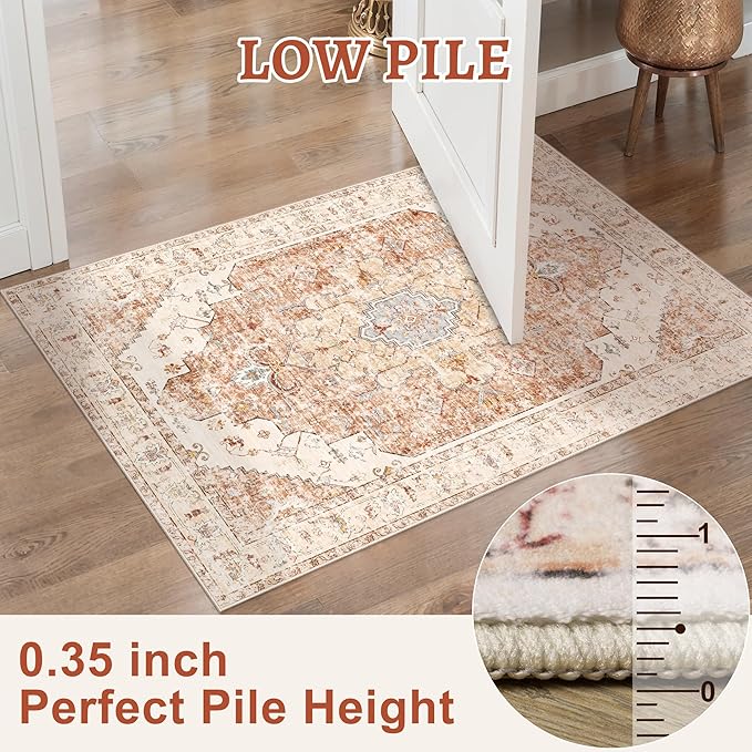 Tangsoo Vintage Rug 2x3 Washable for Entryway, Non Slip Small Area, Indoor Front Door Rug, Print Distressed Brick Red Door Mat Carpet, Soft Low Pile for Entrance Kitchen Bedroom Bathroom
