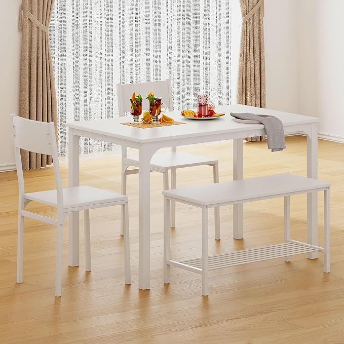 SogesHome Dining Table Set with 2 Chairs and 1 Bench, Bar Set Kitchen Table and Chairs for Dining Room Resturant Bistro Set, Pure White