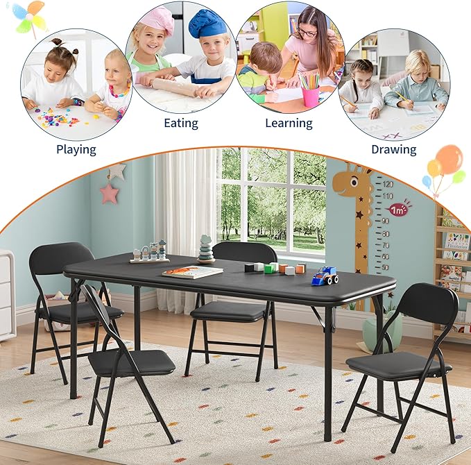 GarveeHome 5-Piece Kids Folding Table and Chairs Set, Toddlers Children's Activity Table and Chairs Set for Dining Room,Daycare,Classrooms