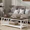 ChooChoo Farmhouse Coffee Table, Rustic Vintage Living Room Table with Shelf, 47 White