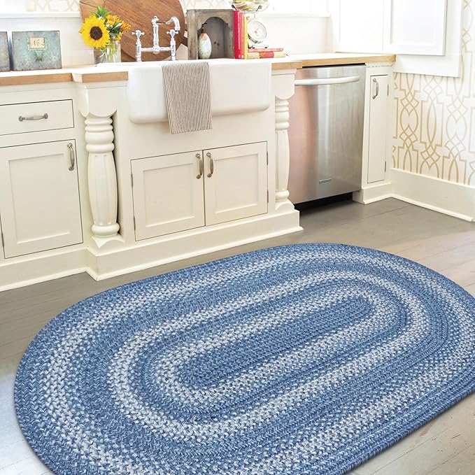 Homespice 20x30” Blue Oval Braided Rug. Denim Blue and White Jute Oval Rug. Uses- Entryway, Kitchen Rugs, Bathroom Rugs. Reversible, Rustic, Country, Primitive, Farmhouse Decor Rug
