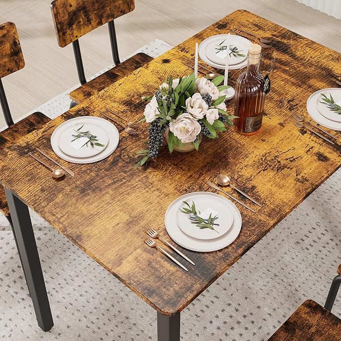5-Piece Dining Table Set with 4 Chairs, 43" Kitchen Table Chairs Set of 4, Rectangular Dining Room Table Set with Metal Frame & MDF Board, Perfect for Small Space, Brown