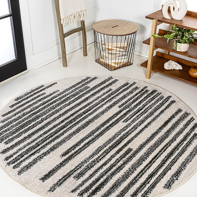 JONATHAN Y Khalil Modern Berber Stripe Cream/Black 9' Round Indoor Area Rug, Contemporary, Bohemian, Easy-Cleaning for Living Room, Bedroom, Kitchen, Pet Friendly, Non-Shedding (MOH207A-9R)