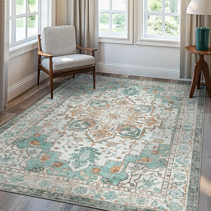 GENIMO 5x7 Area Rugs for Living Room, Machine Washable Non Slip Vintage Rugs, Low Pile Lightweight Chenille Print Rug for Bedroom, Dining Room, Home Office, Cyan