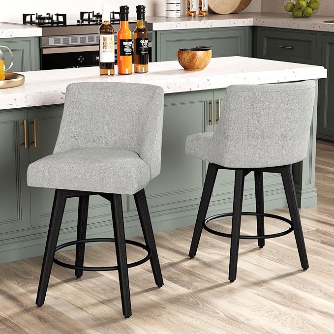 Counter Height Bar Stools Set of 6, Modern Swivel Barstools with Back and Wood Legs, Linen Fabric Upholstered Bar Chairs, 26" H Kitchen Counter Stools, Kitchen Island Home Bar, Light Grey