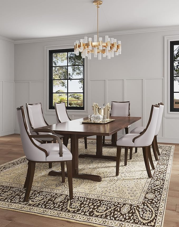 Manhattan Comfort Grand Faux Leather Dining Chair with Arms, Padded Wingback Seat, Fine Rectangular Stitching and Solid Wood Frame, Set of 1, Light Grey