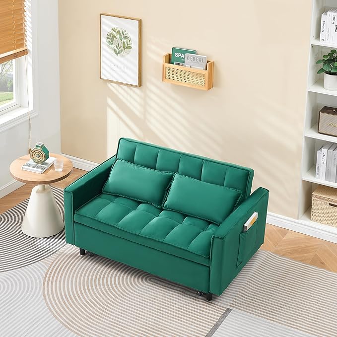 Ball & Cast Convertible Sofa Bed,Pull Out Loveseat Sleeper Sofa,Convertible Pull Out Couch W/ 2 Pillows,Adjustable Backrest & Side Pocket,Corduroy Futon Couches for Living Room,Apartment,Green,55"
