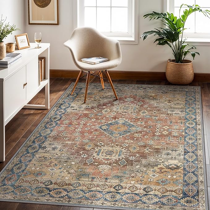 GENIMO 3x5 Area Rugs for Living Room, Machine Washable Non Slip Vintage Rugs, Low Pile Lightweight Chenille Print Rug for Bedroom, Dining Room, Home Office, Antique Red