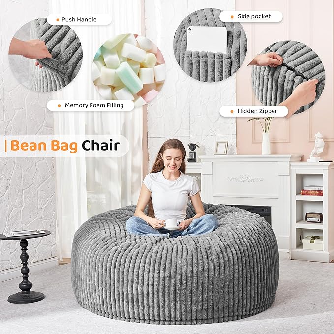 HABUTWAY 3FT Bean Bag Chair, 3' Large Bean Bag Chairs for Adults with Removable Stripe Plush Cover, Memory Foam Beanbag Chair for Living Room Bedroom Dorm (Grey)