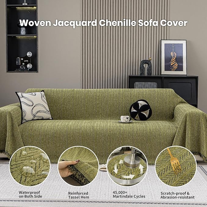 Nobildonna Sofa Cover Washable Soft Thicken Chenille Couch Cover with Tassel,Waterproof Sofa Slipcover for 2-3 Cushion Couch,Sectional Sofa,L-Shaped Furniture Protector Pet-Friendly,Green 71"x118"