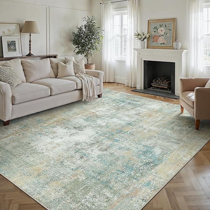 8x10 Washable Area Rug Teal Beige Modern Neutral Abstract Living Room Bedroom Indoor Floor Carpet Low Pile Soft Non-Slip Lightweight Vacuumable Large Throw Rug for Nursery Dining Room