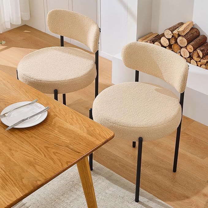 Dining Chairs Set of 6, Beige Boucle Dining Chair, Curved Backrest Upholstered Dining Room Chairs with Black Metal Legs, Mid Century Modern Dining Chairs for Kitchen, Living Room, Beige