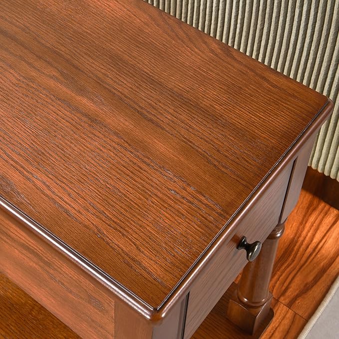 Narrow End Table with Drawer and Open Storage Shelf, Solid Wood Sofa Side Table for Living Room, Beside Table,Telephone Table for Small Spaces, No-Tools Assembly Caramel Brown BBJ004DR