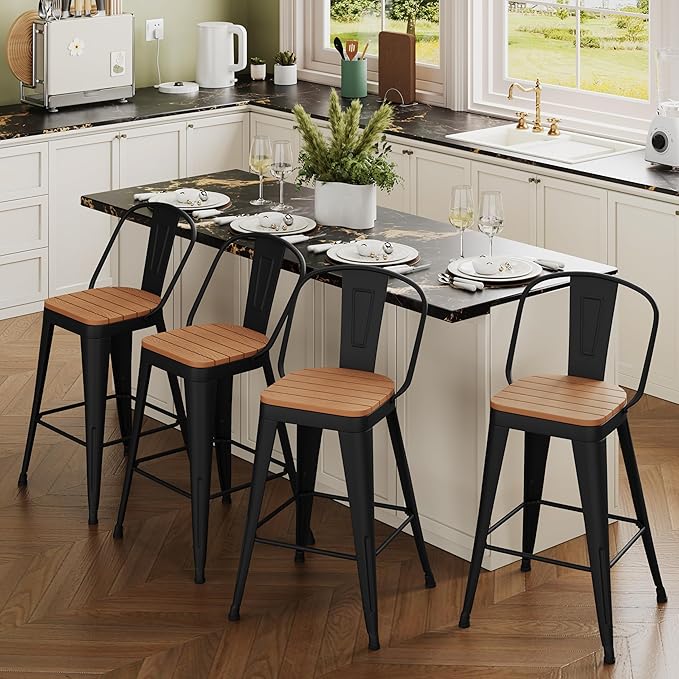 Outdoor Metal Bar Stools Set of 4,24 inch Barstools Counter Height Bar Stool with High Back Farmhouse Kitchen Dining Chairs Bar Funiture for Outside