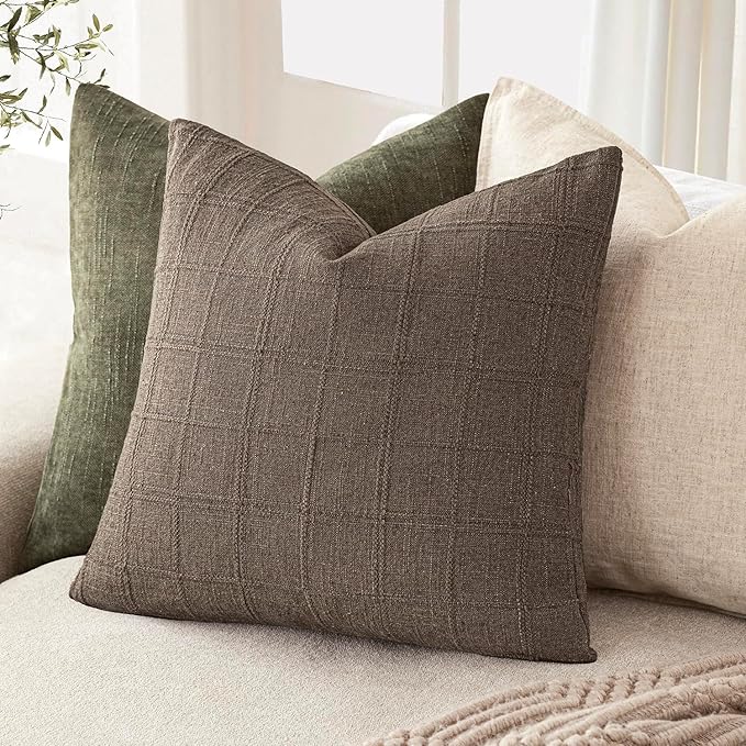 Foindtower Set of 2 Decorative Linen Check Throw Pillow Covers Neutral Farmhouse Vintage Cushion Covers Modern Boho Home Decor for Sofa Chair Couch Bedroom Living Room Outdoor,26×26 Inch,Taupe Grey