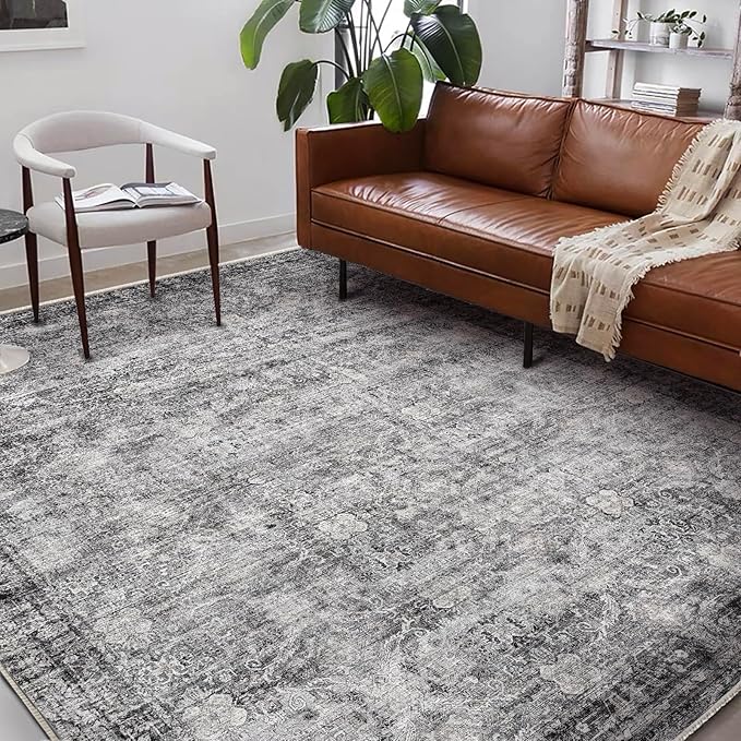Washable Area Rug 9'x12' Retro Boho Design Non-Shedding Easy Care Ideal for High Traffic Areas in Living Room Bedroom Office Coffee Table Kitchen Large Carpet