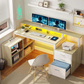 DWVO L Shaped Desk with Drawers, 65" Computer Desk with Power Outlets & LED Lights, Corner Home Office Desk with Storage Shelves & Printer Stand, White & Oak