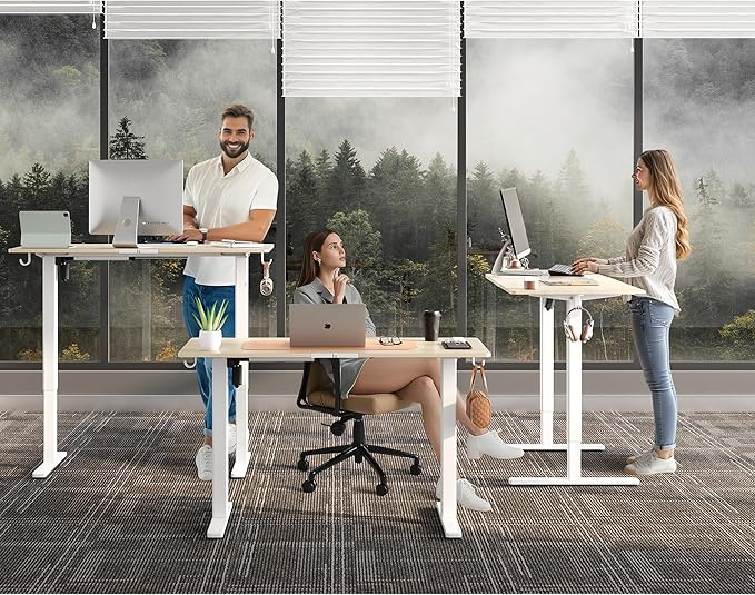 Electric Standing Desk Adjustable Height 55"x24" Stand Up Desk with Lockable Wheels Ergonomic Sit Stand Desk for for Work Office Home Computer Workstation (Wood)