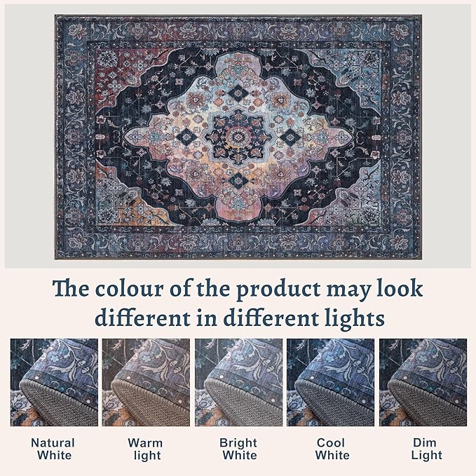 2x3 Entryway Rug, Vintage Rug with Non Slip Backing, Washable Rugs Low Pile Indoor Small Area Rug for Front Door Entrance Kitchen Bedroom Bathroom, Blue/Multi Retro Doormat Carpet