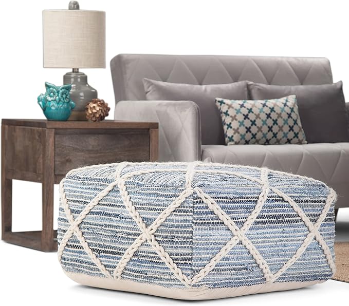 SIMPLIHOME Cowan Boho Square Pouf in Blue, Natural Handloom Woven for the Living Room, Bedroom and Kids Room