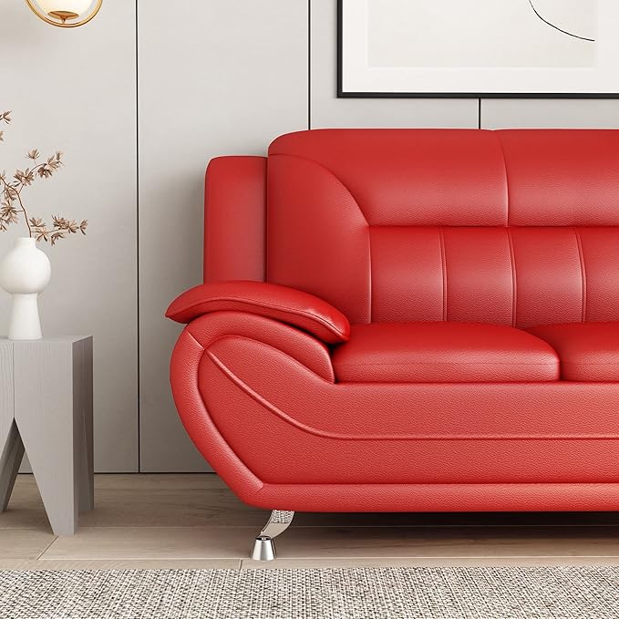Container Furniture Direct Michael Modern Faux Leather Upholstered Stainless Steel Legs Living Room Loveseat, Persian Red