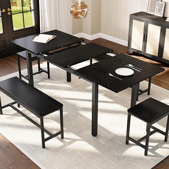 GarveeHome 5-Piece Dining Table Set for 4-8 People, 63" Large Extendable Kitchen Table Set with 2 Benches and 2 Square Stools, Modern Dining Room Furniture Sets, Easy Assembly, Black