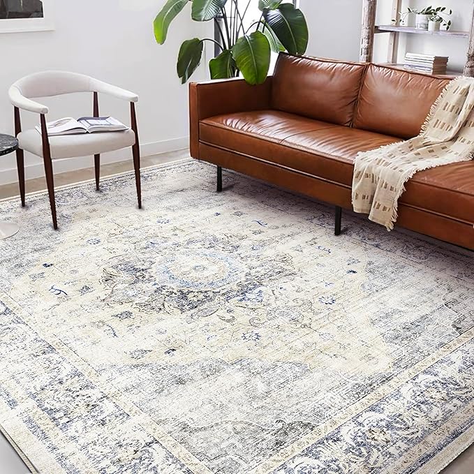 Area Rug 6'x9' Washable Floral Blue Vintage Traditional Floor Cover Thin Retro Kitchen Indoor Distressed Non Slip Carpet for Living Room Bedroom Dining Room
