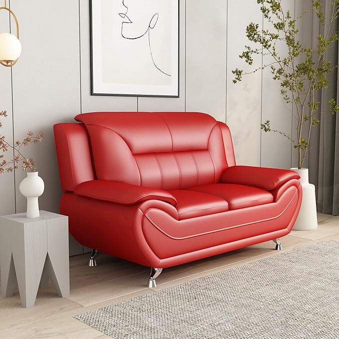 Container Furniture Direct Michael Modern Faux Leather Upholstered Stainless Steel Legs Living Room Loveseat, Persian Red